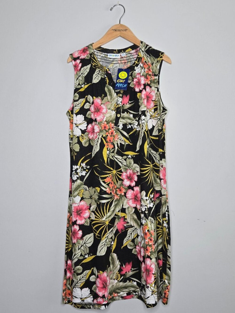 Kiwi Fresh sleeveless tropical floral midi dress, black, size L, NWT with tag sh